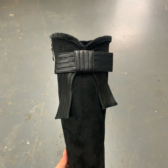 Faux Fur Lined Knee High Winter Boot in Black Faux Suede and Leather - Picture 6 of 16